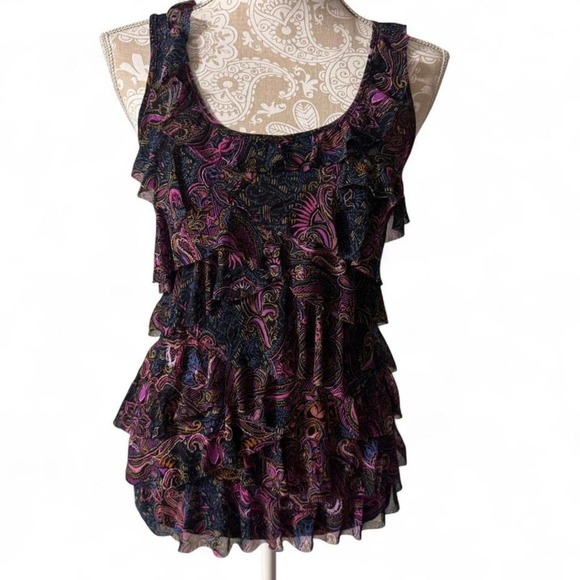Fun Vibrant Bold Paisley Y2K Express Ruffle Party Going Out Tank Top Size Medium - Picture 2 of 8
